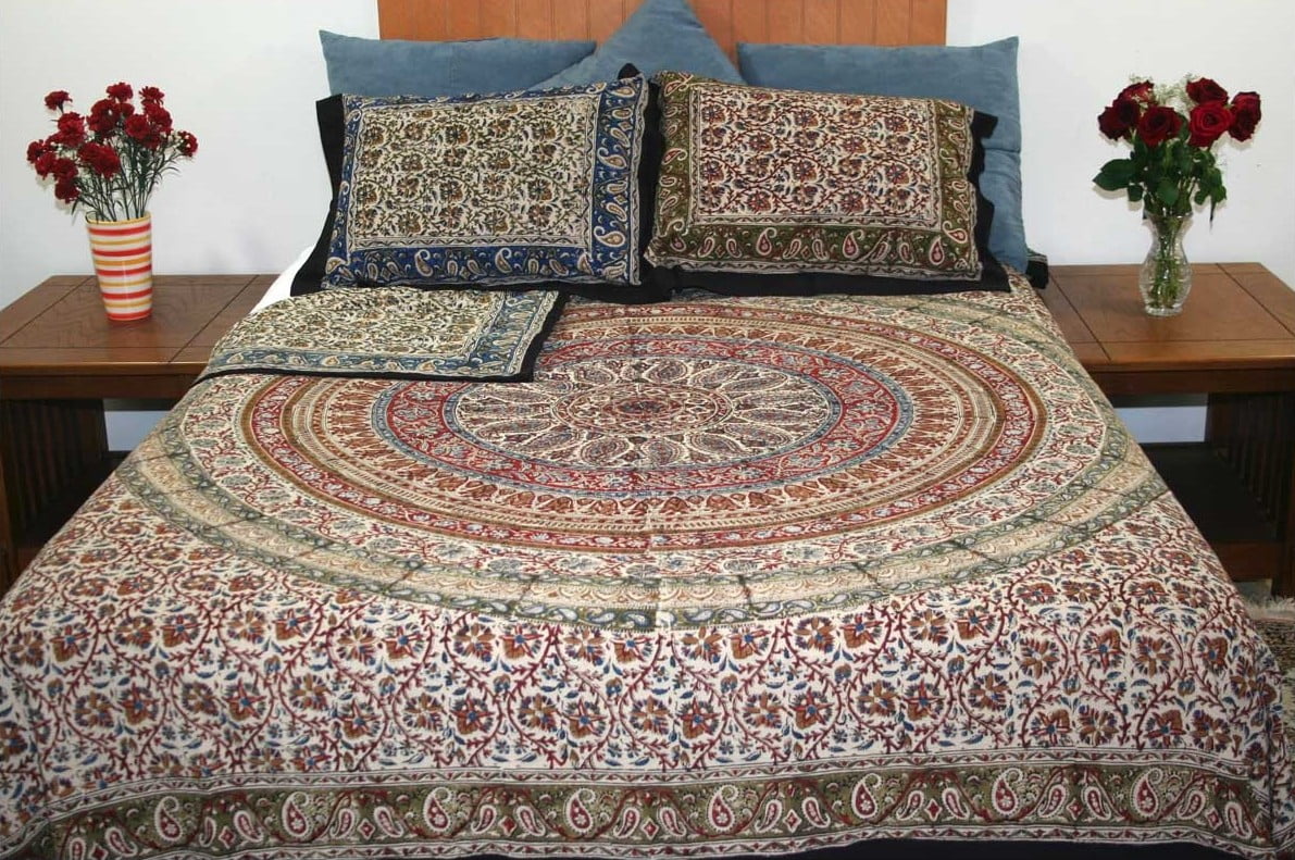 Kalamkari Block Print Reversible Duvet Cover Cotton 92" x 88" Fits Full-Queen Multi Color