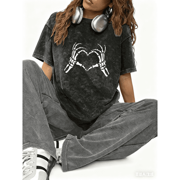 Tarot Card Graphic Tees The Lovers Print T shirt Oversized Washed Shirts Women S-2XL Dark Gray Tops