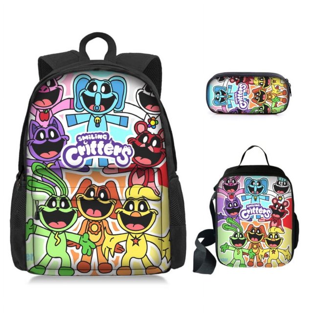 Conjunto de 3 mochilas escolares con estampado de dibujos animados para niño y niña, morral escolar con estampado de Critters sonrientes, bandoleras para lápices, regalos de cumpleaños