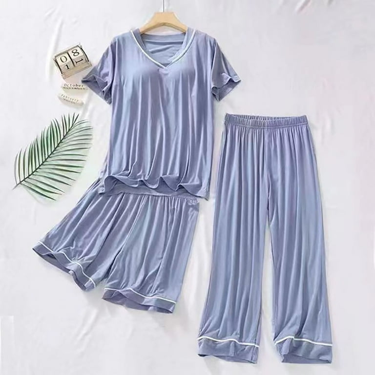 Posijego Women 3 Pc Pajama Set Short Sleeve Top Built In Bra Soft Shorts and Long Pants Plus Size Loungewear Walmart