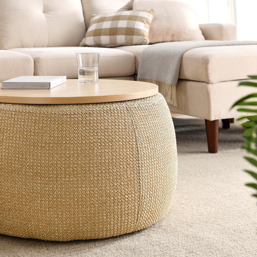 Tcbosik 25.5inch Storage Round Ottoman, End Table with Wood Lid, Footstool for Home Office Living Room, Natural