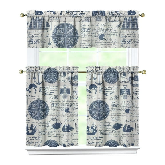 Kitchen Curtains 36 Inch Short - 3 Panel Set, Nautical Anchor Lighthouse Coastal Design, Rod Pocket Window Curtain for Beach House, Marine Ocean Wave Pattern, Easy Wash