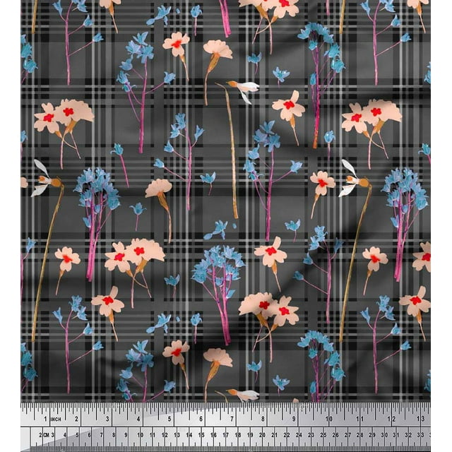 Soimoi polyester Crepe Fabric Floral & Check Printed Craft Fabric by the Yard 52 Inch Wide
