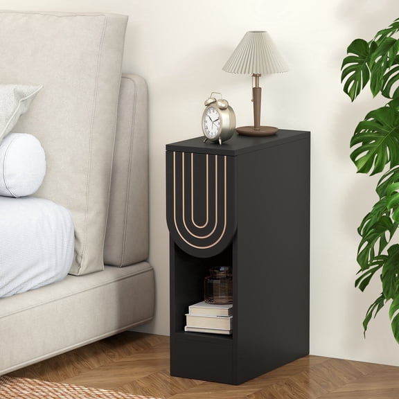 7.87" Ultra Narrow Nightstand with Drawer and Open Shelf, Carved Line Design Bedside Table for Bedroom, Black