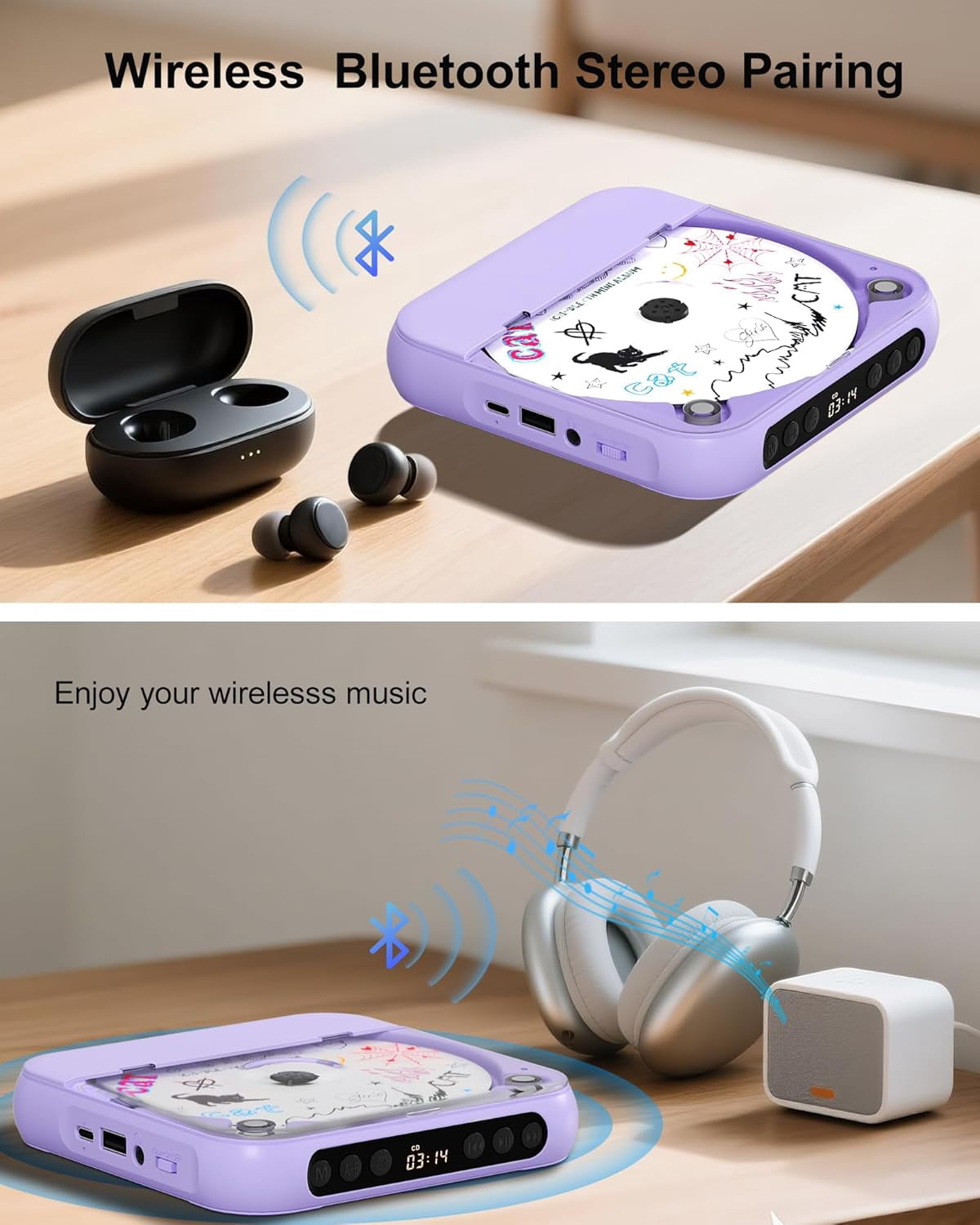 otnbgsr Portable CD Player Bluetooth 2026 Upgrade Rechargeable Music Player Dual Speakers LCD Display Support CD USB AUX MP3 with Headphones