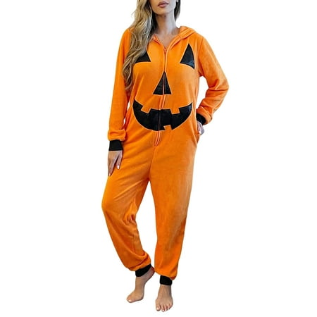 

Women Halloween Pumpkin One Piece Pajamas Novelty Orange Jumpsuit Rompe Zip-up Long Sleeve Hooded Overalls