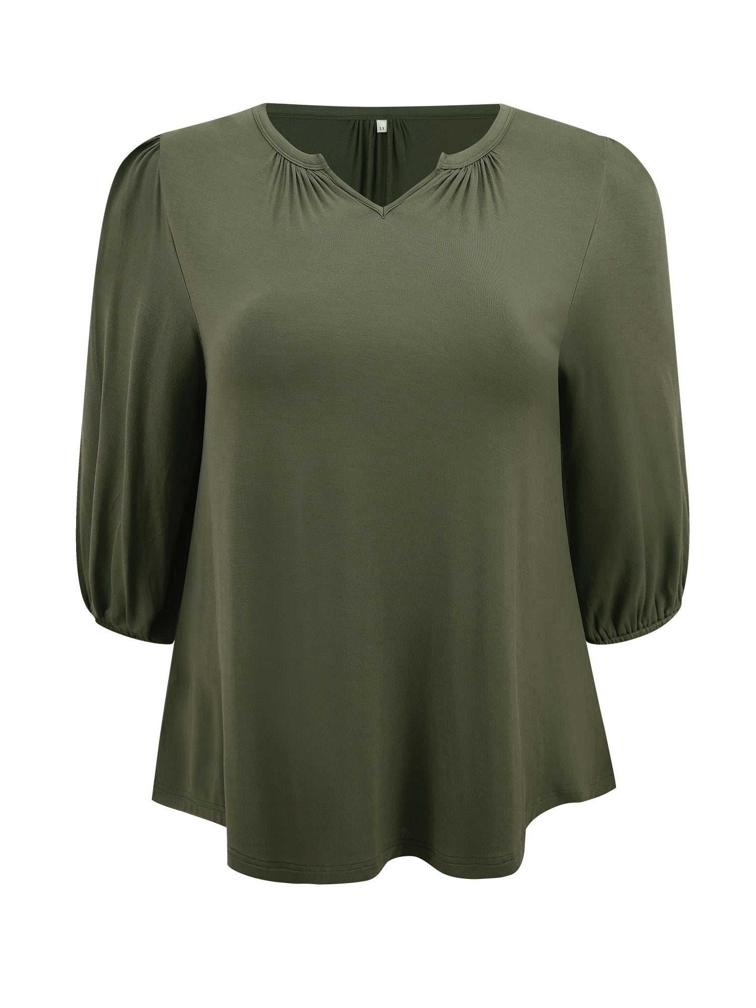 DARING DIVA Women's Plus Smocked 3/4 Sleeve Notch V Neck Blouse 1X Army Green
