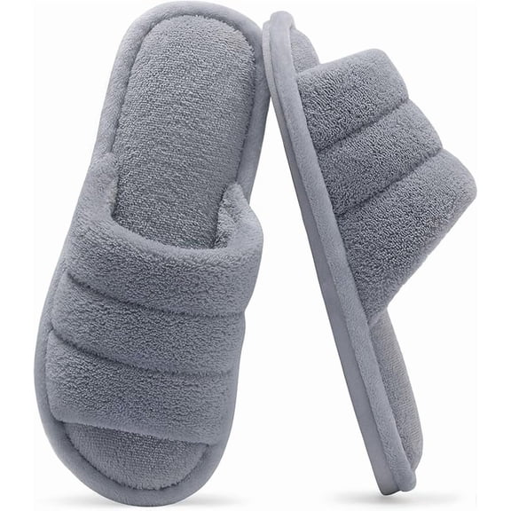 shevalues Terry Cloth Open Toe Slippers for Women Memory Foam Slip On House Slippers