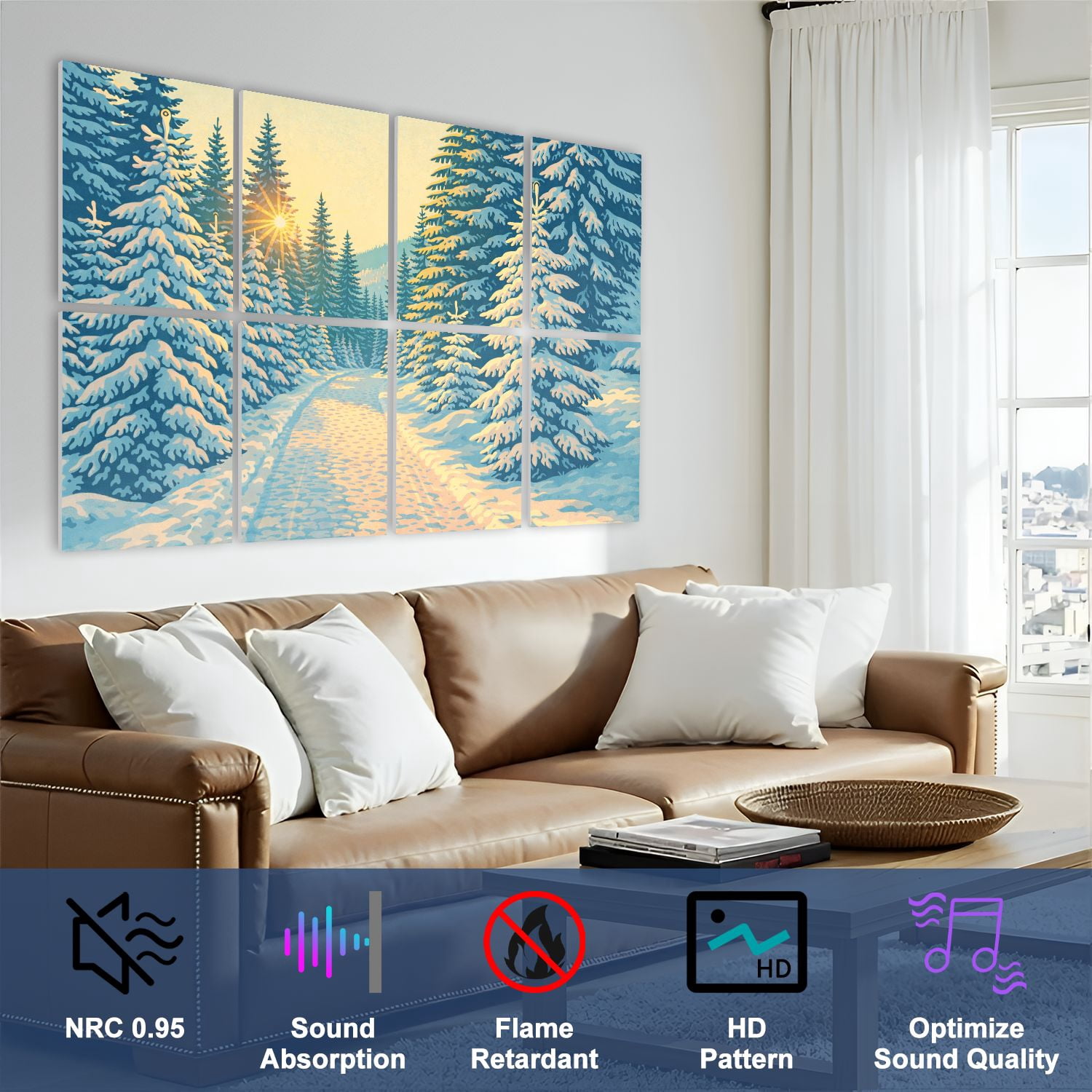 8 Pack Art Acoustic Panels Sound Absorbing Snow covered pine trees sunset Decorative Soundproof Wall Panels Self Adhesive for Nursery Game Room Bedroom 48"x32"