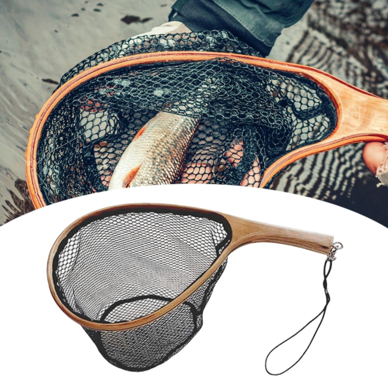 Wswqop Boating Fishing Net Silicone Mesh Accessories Strong Wood Handle Landing Net for 45cmx22cmx25cm