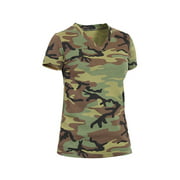 Womens Long Length V-Neck Camouflage T-Shirt, Woodland Camo