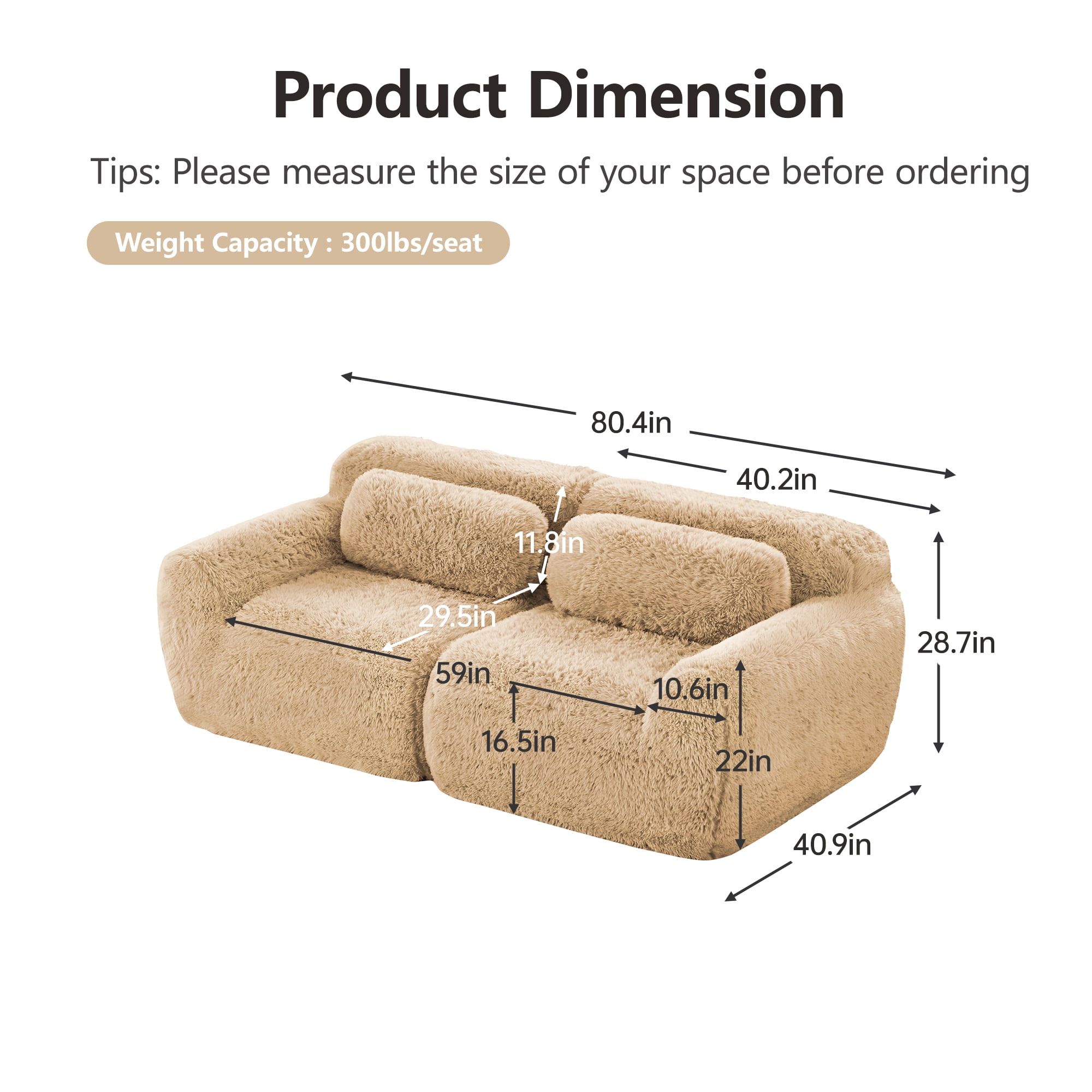 Anpport 80" 2-Seater Modular Cloud Sofa, Soft Fluffy Plush Fabric Sectional Couch, 32D High Density Sponge, No Assembly Required Ergonomic Comfy Sofa with Pillows for Living Room, Light Khaki