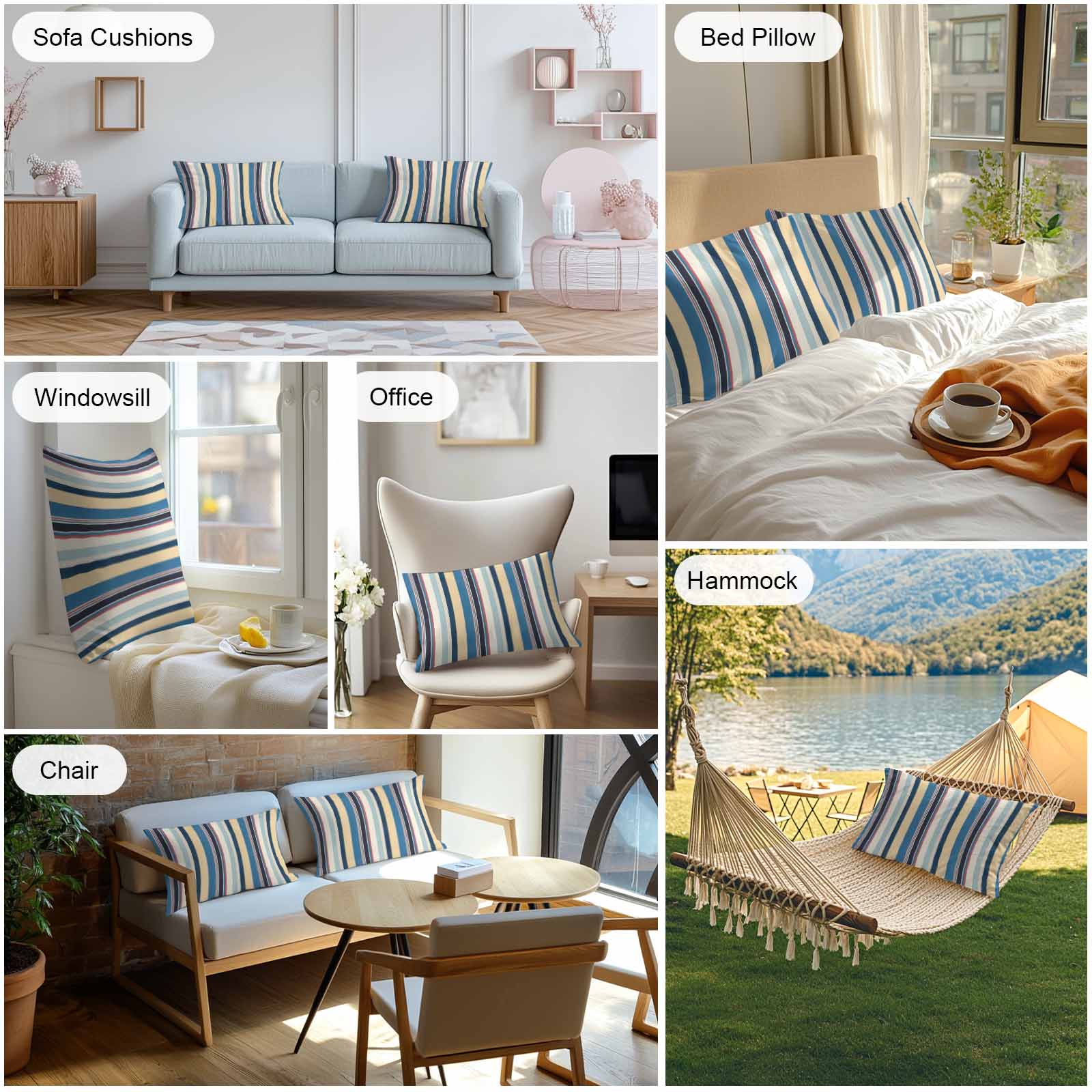 Vintage Stripes Outdoor Pillow Covers Set of 2 Black Yellow Blue Striped Retro Lines Waterproof Throw Pillow Case Decorative Square Cushion Cover for Patio Couch Garden Balcony, 20"x12"