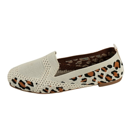 OJSFQUFP Womens Running Shoes Ladies Fashion Breathable Leopard Print Color Matching Knitted Flat Bottomed Casual Shoes Zapatos Para Mujer Beige 38