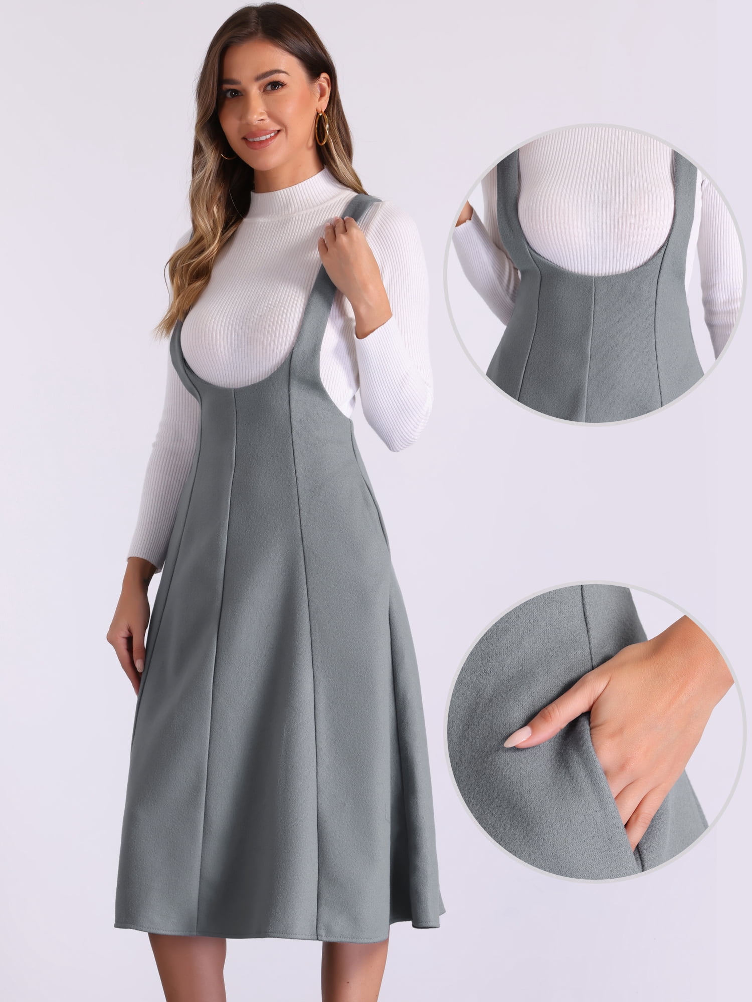 DARING DIVA Women's Cross Back A Line Elegant Overall Pinafore Dress L Dark Grey