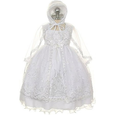 Baptism Christening Dress Angel Embroidery Floral Baby Infant Toddler Girl Dress White 0 (T38R1K)