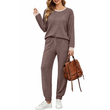 UVN Womens Pajama Set Two Piece Color Block Long Sleeve Top and Long Pants Ladies Fall Matching Oufits Casual Loungewear