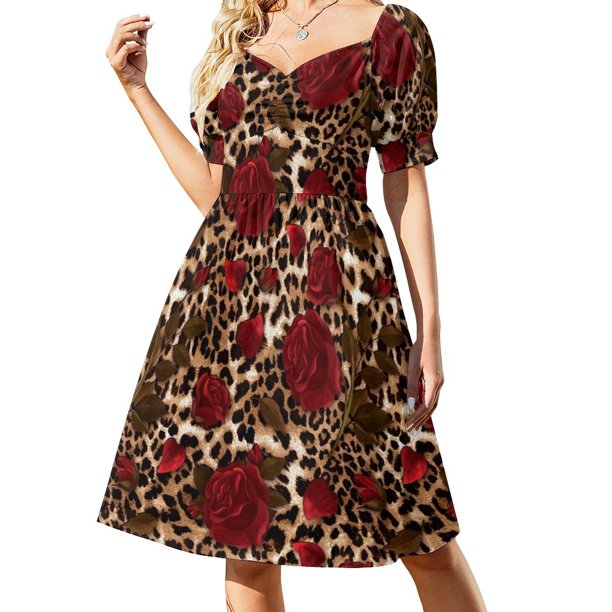 Vestido con estampado de leopardo y rosas, vestido de verano con falda para mujer
