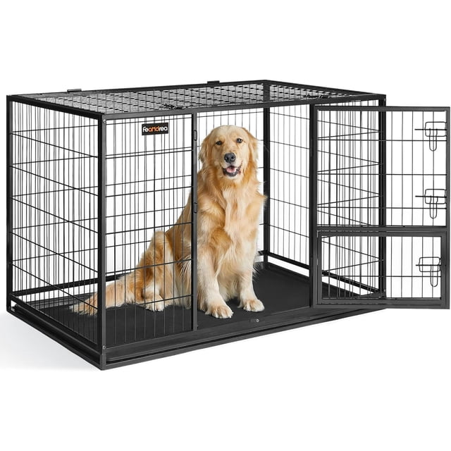 Feandrea Heavy-Duty Dog Crate, Metal Dog Kennel and Cage with Removable Tray, L for Small and Medium, 36.4 x 22.6 x 25.2 inches, Black