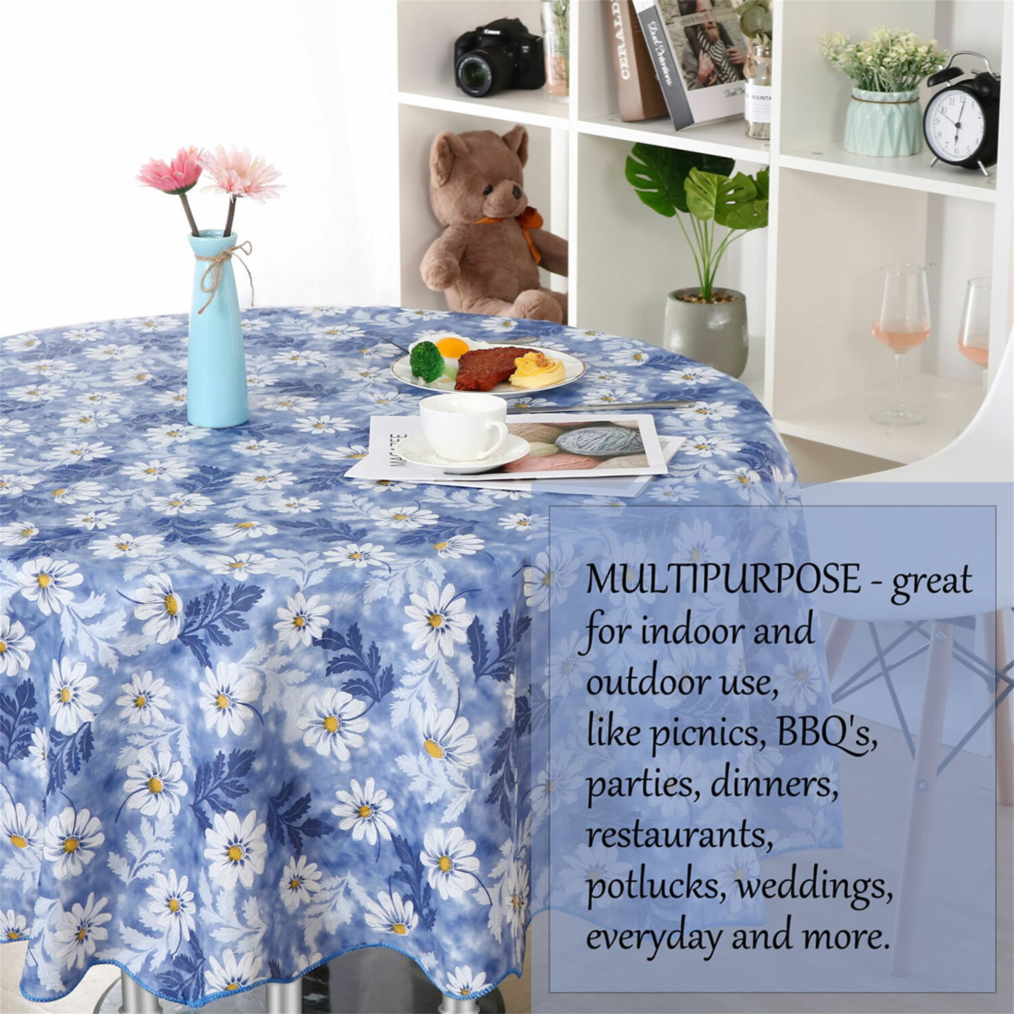 Unique Bargains Floral Decoration Round Vinyl Waterproof Tablecloth Blue 60" Dia