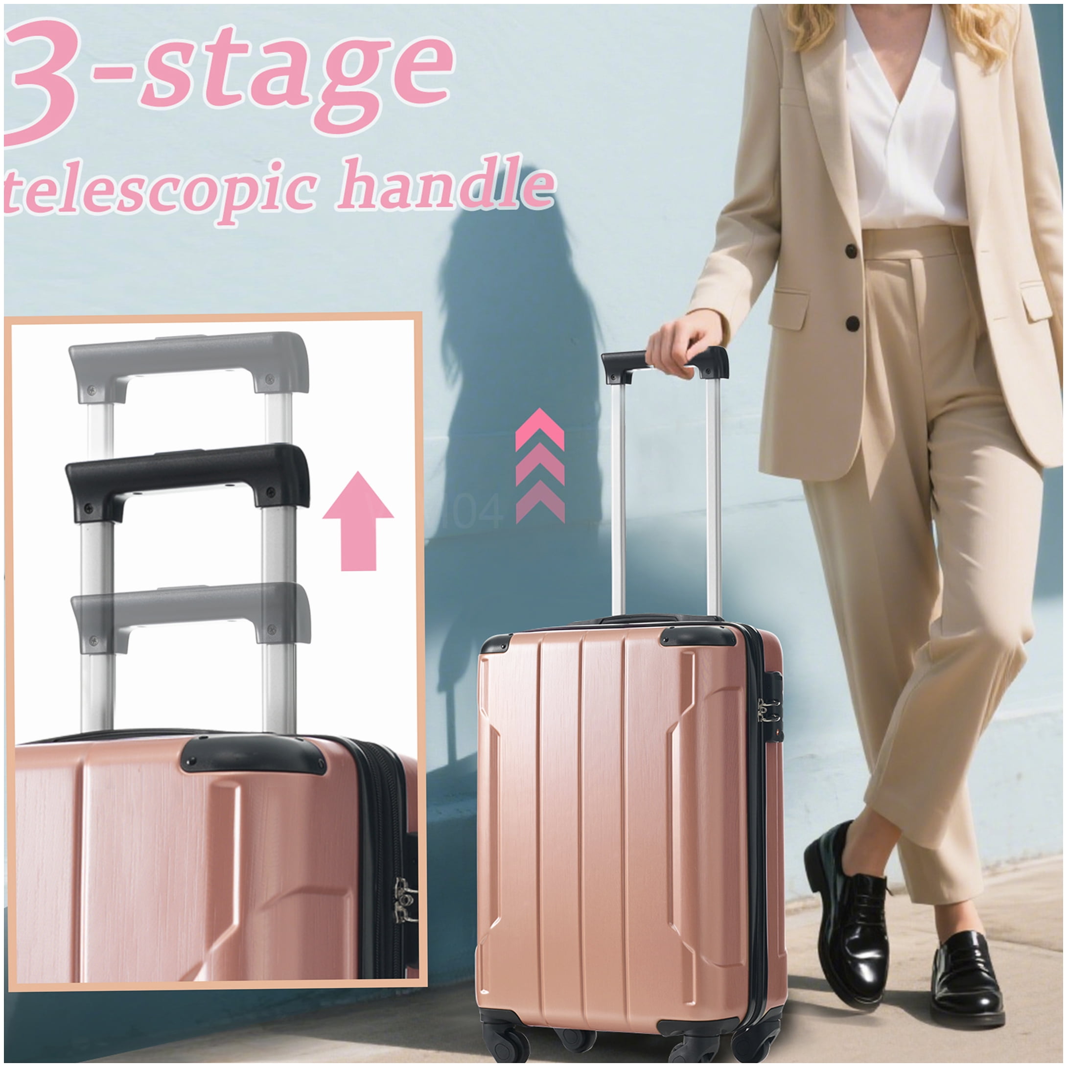 TSA Approved Lock Rose Pink 20" Carry On Luggage, ABS Hardshell Suitcase with Double Wheels