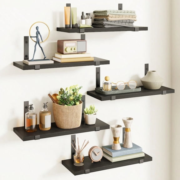 NTGFU 5 pcs Black Floating Shelves, Wall Shelf, 15.8in, Wall Decor, Farmhouse Wall Decor for Bedroom, Living Room, Kitchen and Bathroom, Room Decor