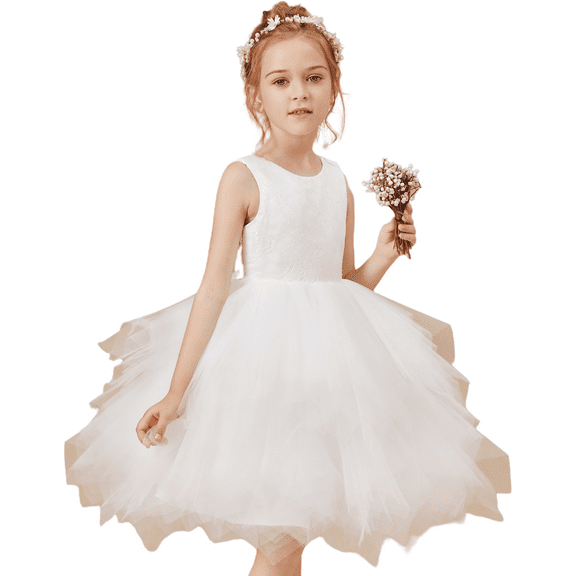 Tea Length Flower Girl Dress Puffy Tulle Layers Birthday Party Dress Lace Princess Pageant Dress for Girls ( 2 -3Years）