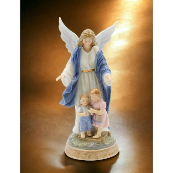 Ceramic Guardian Angel Figurine 7.75in Protecting Children Gift
