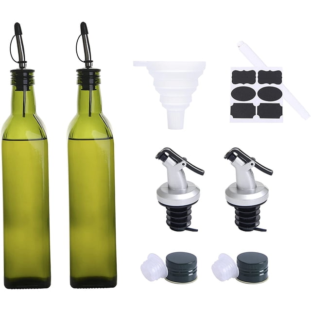 Gala Houseware Solid Green Glass Oil and Vinegar Dispenser Reusable Kit, 2 Set of Bottles with Accessories, 17oz Volume, Perfect for Cooking and Kitchen Storage