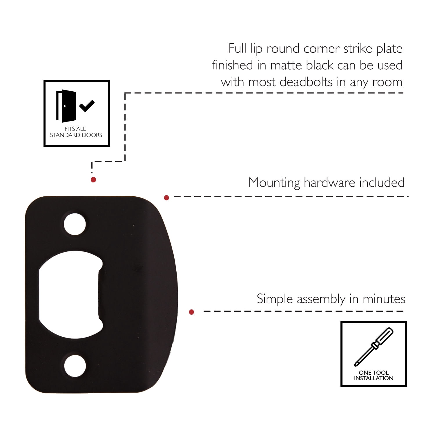 Design House Matte Black Finish Full Lip Round Corner Strike Plate