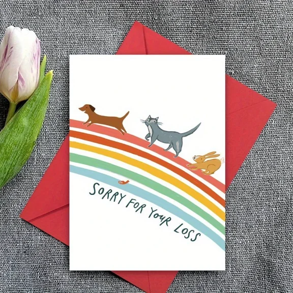 Sorry for Your Loss Pet Sympathy Card – Colorful Animal Design with Rainbow – Includes Envelope – Heartfelt Condolences for Pet Lovers