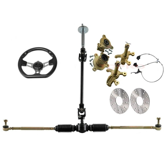 Front Steering Wheel Tie Rod Kit Gear Rack Pinion Shaft & 3 Lug Wheel Hub Steering Knuckle & Disc Hydraulic Brake Caliper Rotor DIY Parts for Go Kart Go Cart Golf Cart ATV Quad Buggy Mini Bike
