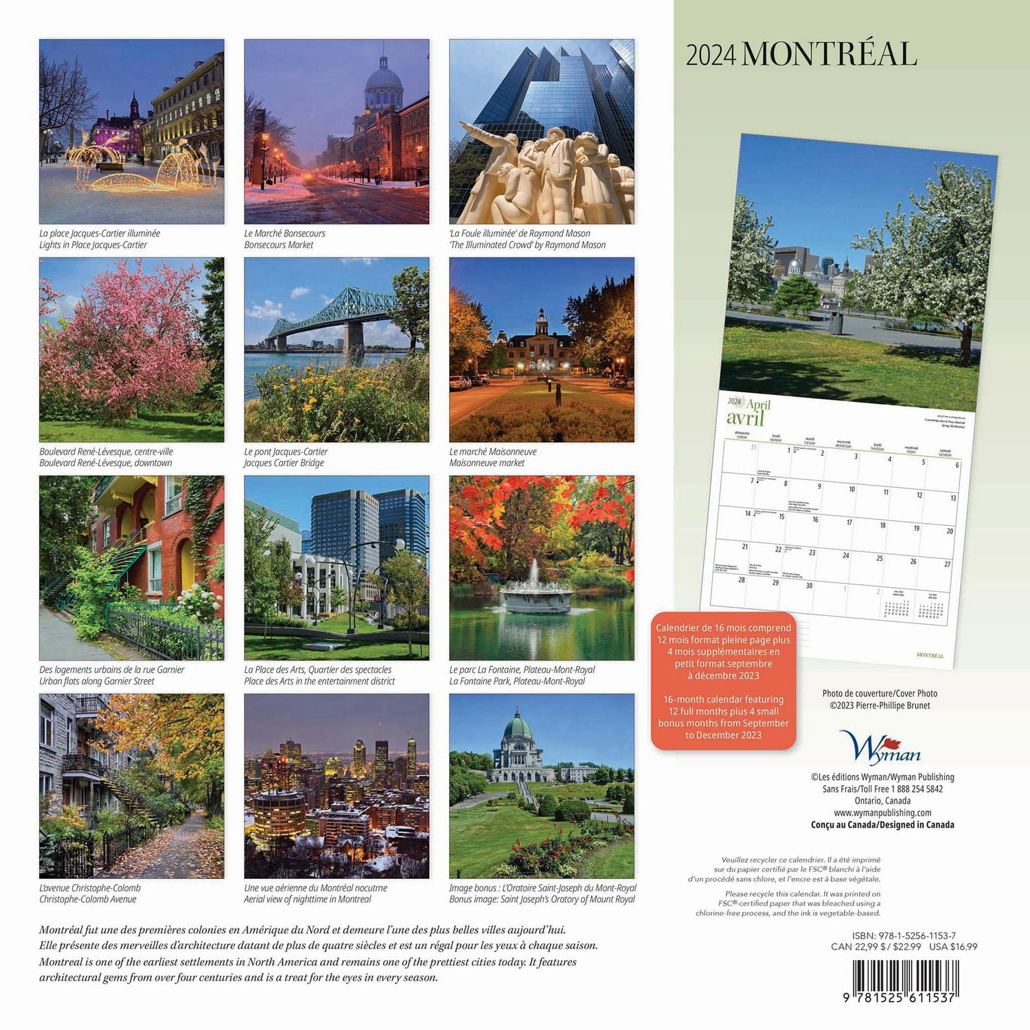 Wyman Publishing Montréal 2024 30.48x60.96 CM Mur Carré Calendrier, 9781525611537