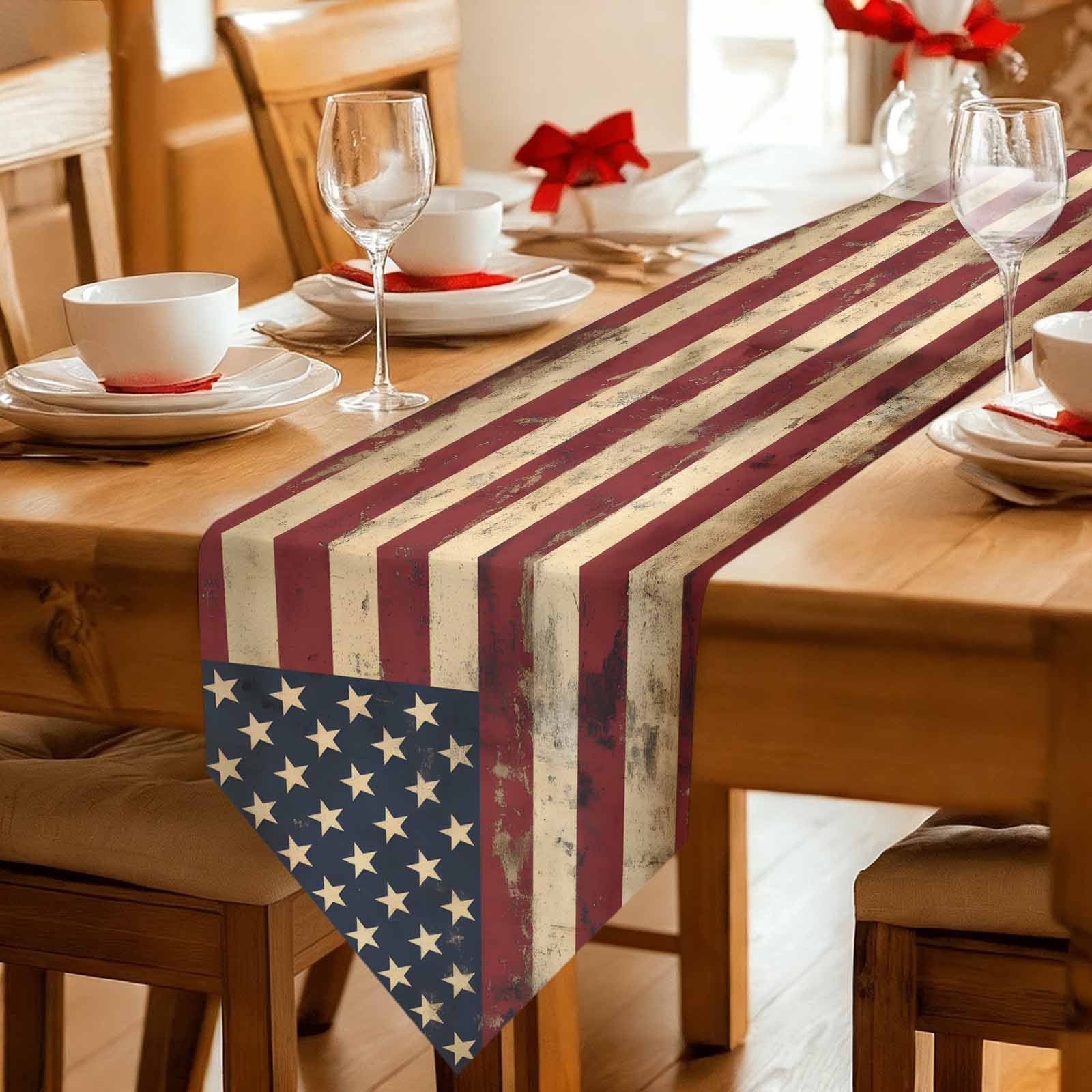 Retro American Flag Table Runner Linen Burlap Table Runner 72 Inches Long Vintage Shabby US Flag Dresser Scarves for Kitchen Island Coffee Dining Room Party Wedding Banquet Holiday Decoration 16"x72"