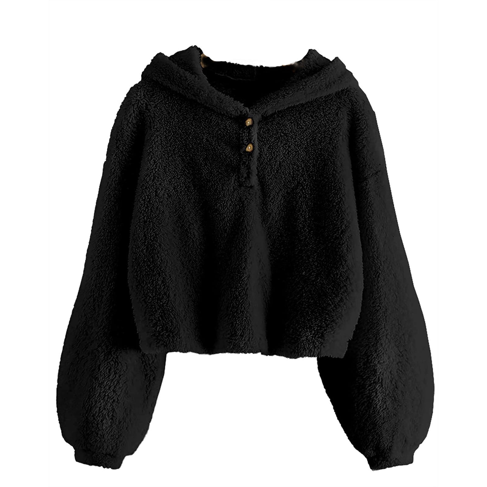 Xzngl Kids Girls Fleece Hoodie Warm Loose Button Down Pullover Sherpa Jacket Top Coat Black