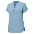 thumbnail image 6 of EWASWON Women's Casual Short Sleeve Button-Up Blouse with Pocket – Loose-Fit Cotton-Linen V-Neck Shirt for Office, Outdoor & Daily Wear,Blue,M, 6 of 7