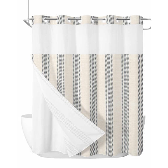 No Hook Shower Curtain with Snap-in Liner, Blue Striped Waterproof Fabric Bathroom Curtains, Modern Farmhouse Stripes Rustic Bath Curtains & Mesh Top Window Stand Up Stall 72"x78" Long