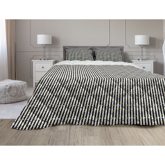 Striped Comforter & Sham Bedding Set, Black and White Lines Background with Big and Small Stars Pattern Print, 3 pcs Duvet Set Microfiber Filling Quilt, 5 Sizes, Black White and Yellow, by Ambesonne