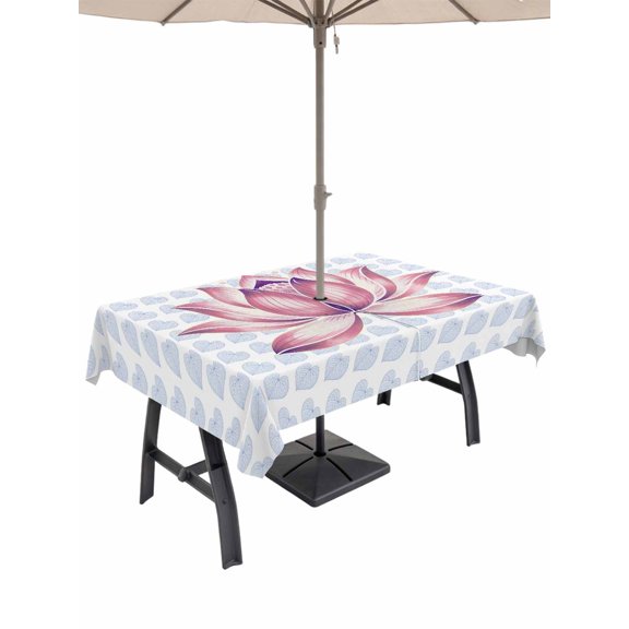 Outdoor Tablecloth with Umbrella Hole for Patio/Picnic/Party/Camping, Pink Lotus Flowers Waterproof Table Cloth Rectangle Table Cover Washable, Classic Love Heart Leaves Blue (60"x 102")