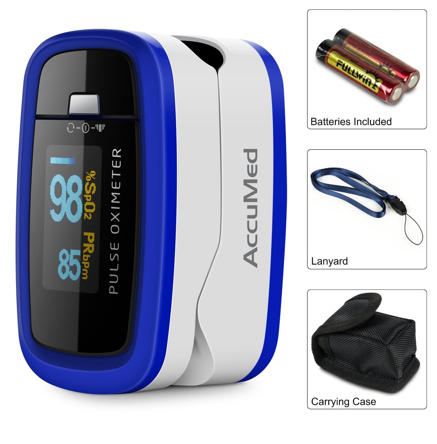 Blue Fingertip Blood Oxygen Monitor Portable Lightweight with Batteries and Lanyard for Adults and Children