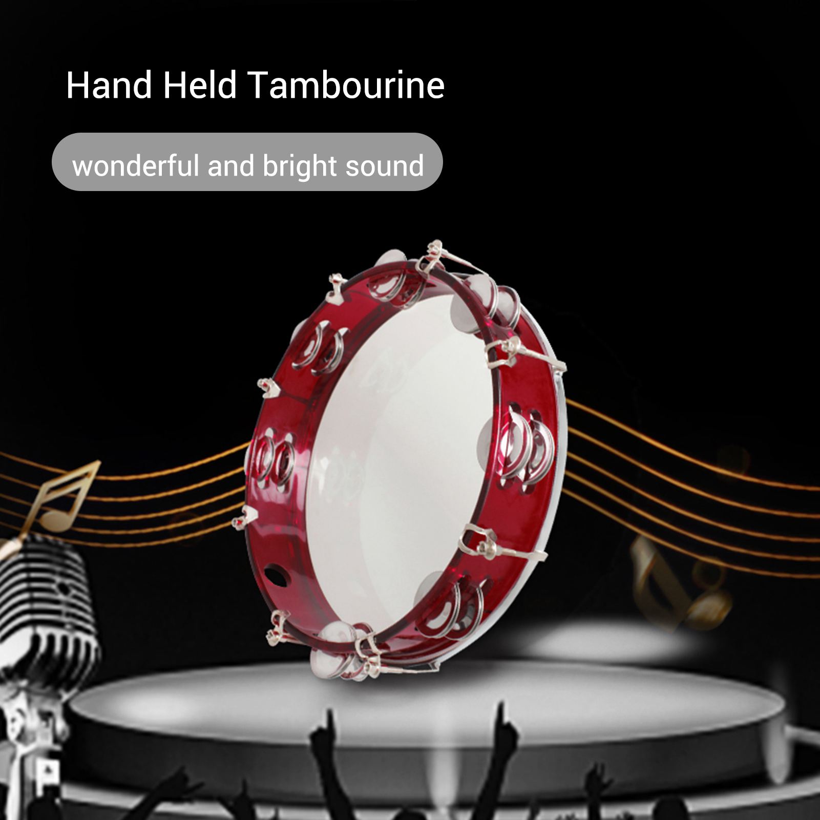 Tambourine for Kids 10 Inch Handheld Red Tambourine Double Row Percussion Drum Set Musical Toy for Performance Adults Kids Tuning Key