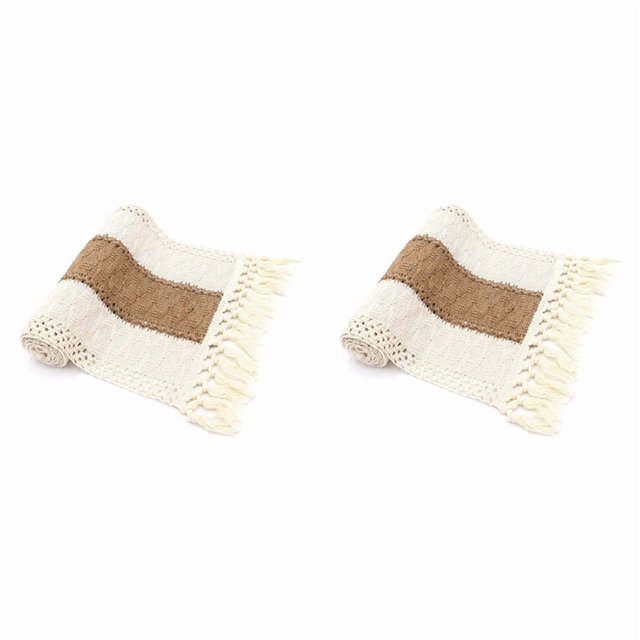 2X Camino de Mesa de Macramé de 71 Pulgadas de para Decoración del Hogar Camino de Mesa Bohemio Camino de Mesa de Granja Color Crema y Marrón con Borlas