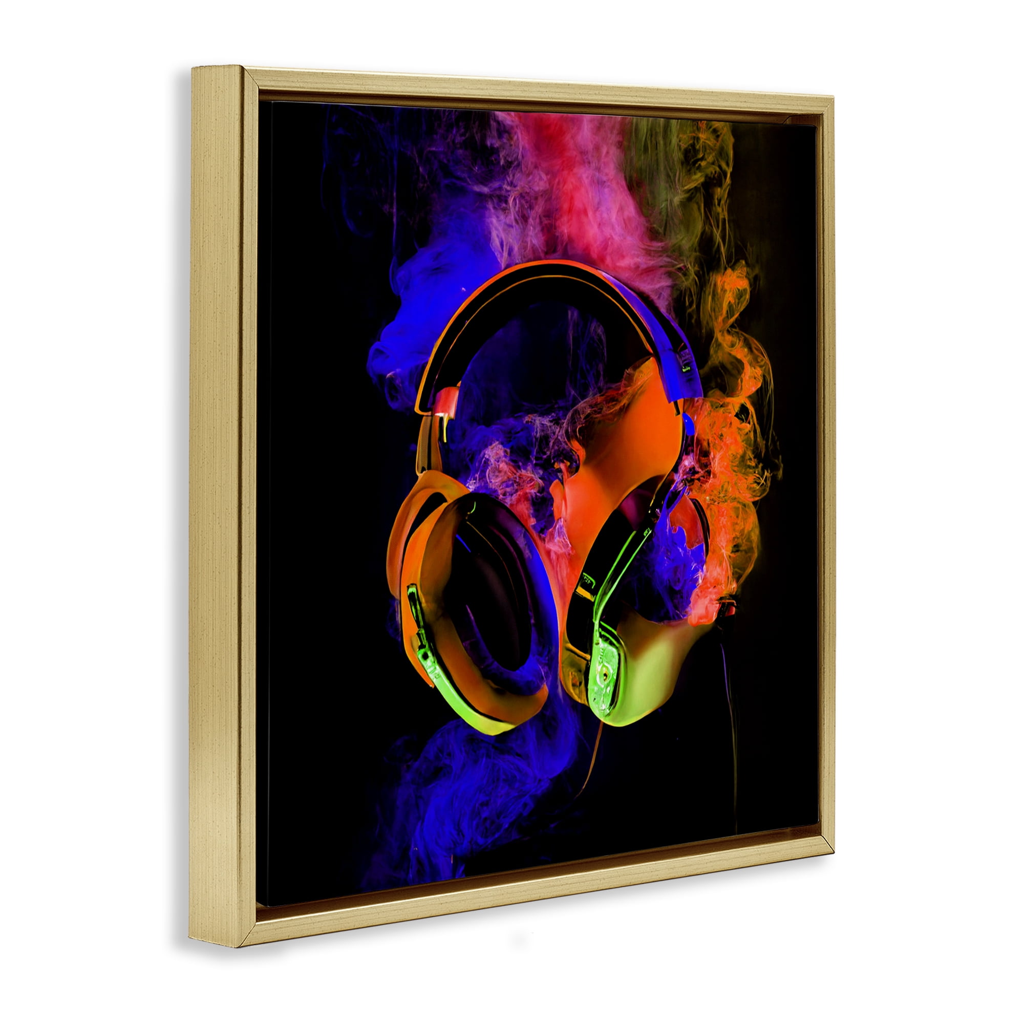 Power Play Headphones Gold Framed Floater Canvas Wall Art, design by Sasha