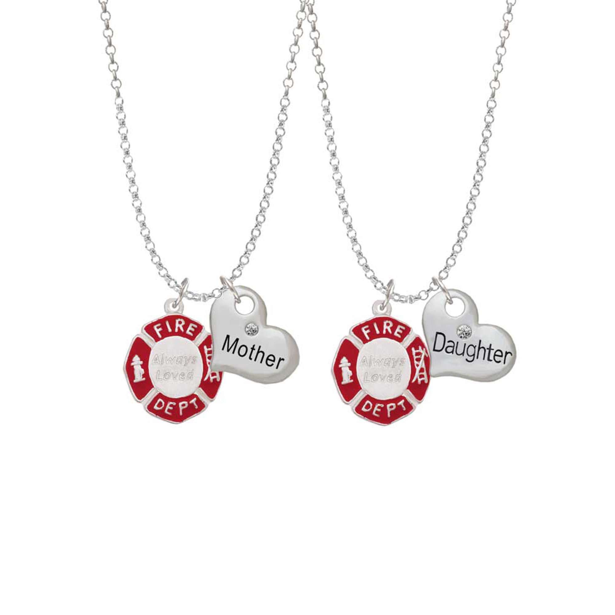 Delight Jewelry Silvertone Red Always Loved Fire Department Shield Mother & Daughter Heart Necklaces (Set of 2), 19"+2"