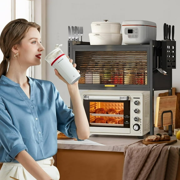 Microwave Stand with Storage Cabinet, Black Carbon Steel Kitchen Counter Shelf for Microwave, Oven, Coffee Machine