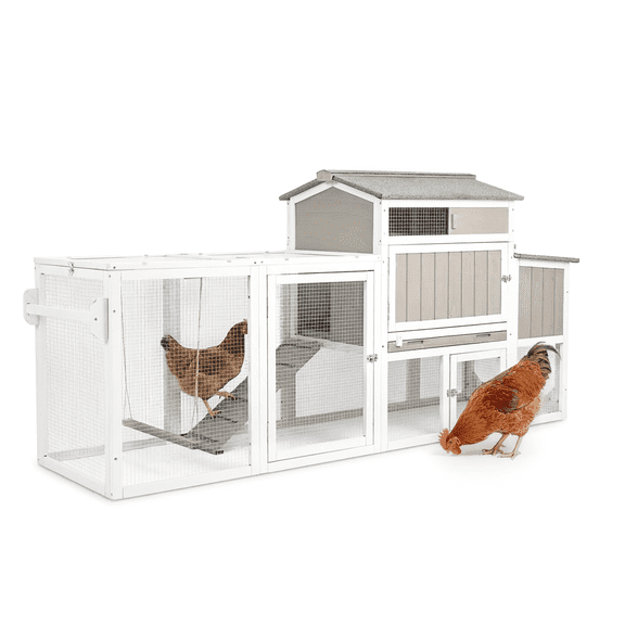 PETSCOSSET 77.4"L Chicken Coop with Run, Wooden Chicken Tractor with Wheels, Chicken swing & Nesting boxes, Gray