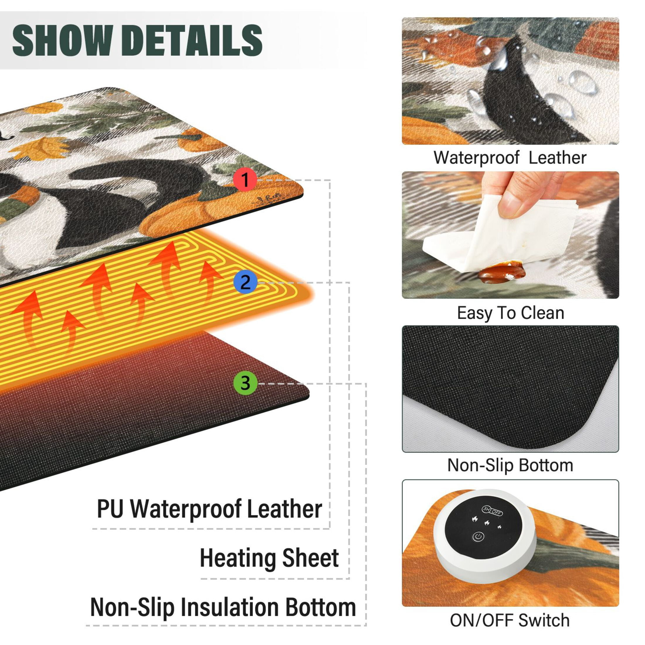 Large Heated Desk Mat Mouse Pad 31.5"x13"PU Leather Graphene Heating Desk Warmer with 3 Temperature Settings 110V US Plug Non-Slip Warm Pad for Home, Office, and Gaming Falling Leaves and Cute Cat