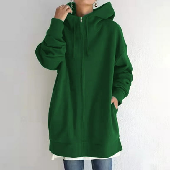 Hauaitttt Women's Solid Color Zippered Hooded Longline Lined Streetwear Pullover Jacket Lightweight Casual Sweatshirt Long Hoodie Jacket Women Zipper Hoodie Long Sleeve Hoodies Women Women Clothes