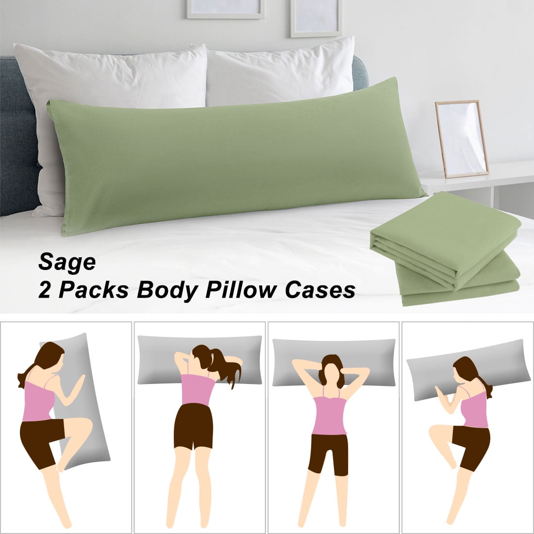 Unique Bargains 2 Packs Microfiber Solid Body Pillow Cover Sage 20" x 48"