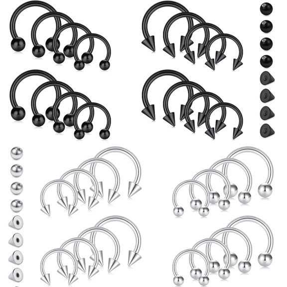 48Pcs Steel Nose Septum Horseshoe Hoop Earring Eyebrow Tragus Lip Rings Daith Helix Piercing Jewelry for Women Men 6-12mm Smily Piercing Jewelry